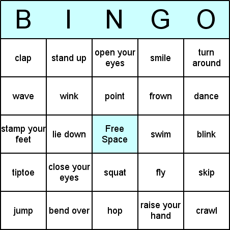 Actions Bingo Card