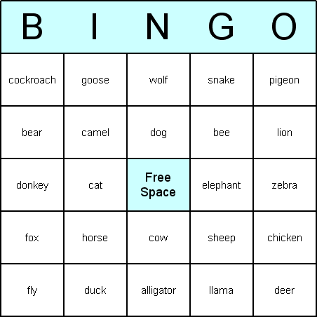 Animals Bingo Card