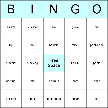 Clothing Bingo Card