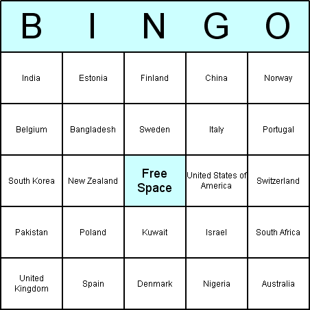 Countries Bingo Card