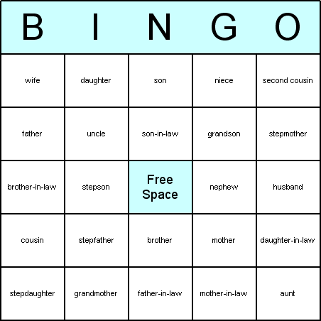 Family Members Bingo Card