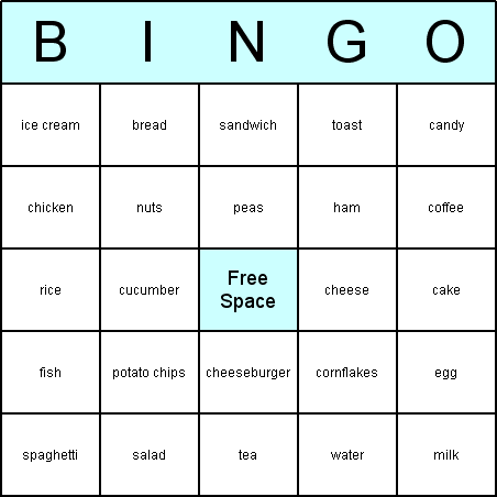 Food and Drink Bingo Card