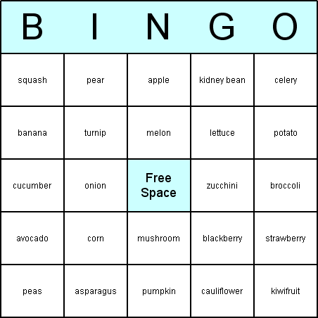 Fruit and Vegetable Bingo Card