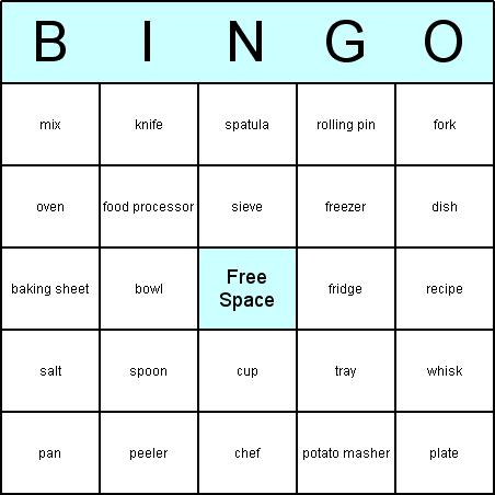 Kitchen Bingo Card