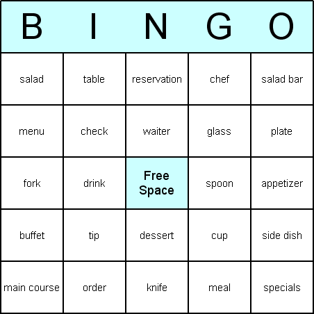 Restaurant Bingo Card